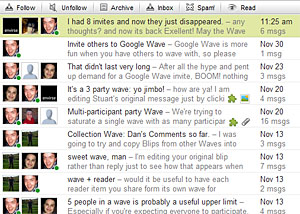 a list of Google Waves with participant icons